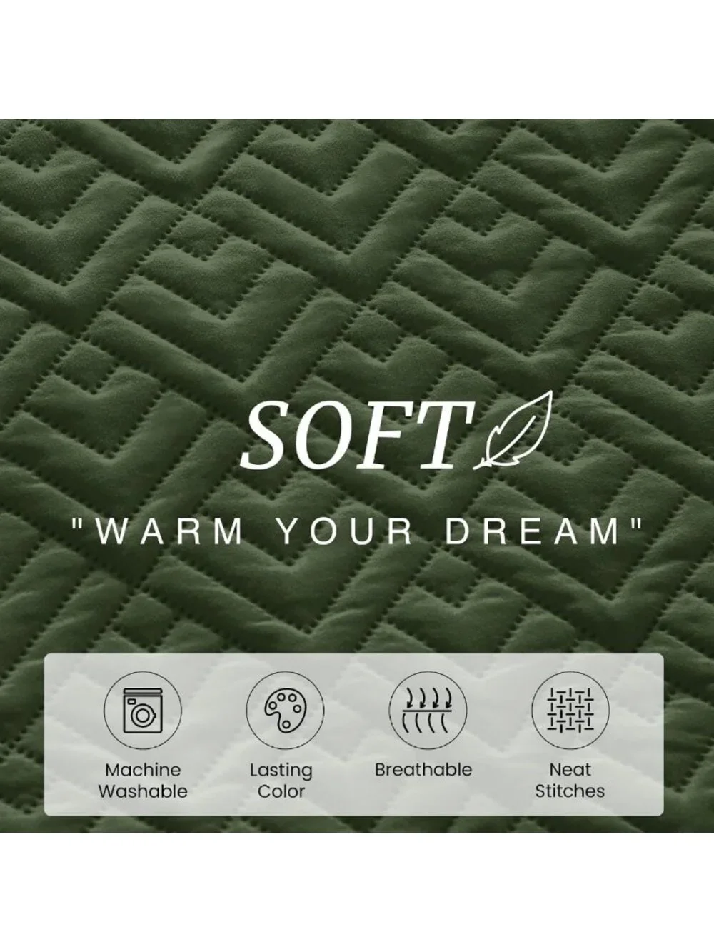 Queen Size Quilt Set - Summer Squares Pattern, Olive Green Bedspread, Cozy